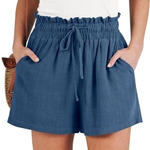 Casual Wide Loose High Waist Drawstring Dressy Shorts Blue